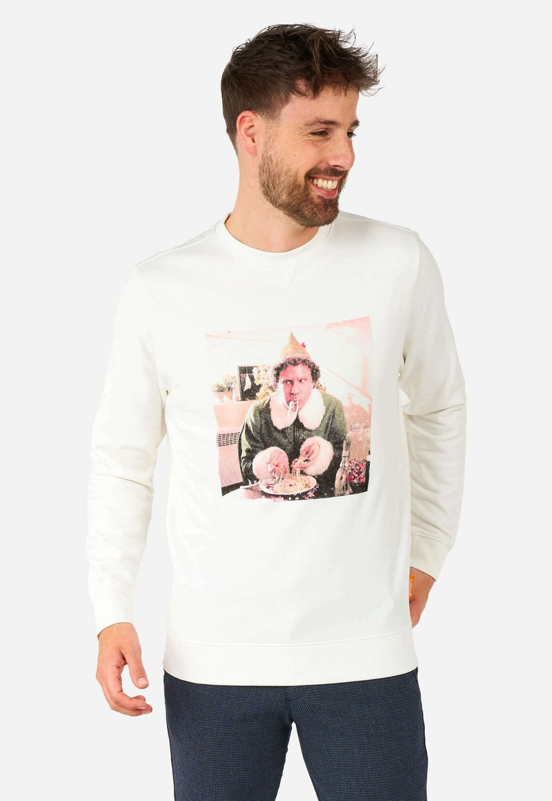 Vit sweatshirt med ett grafiskt tryck av en karaktär med pälskrage som håller i spaghetti. Ribbad mudd och nederkant. Avslappnad passform.