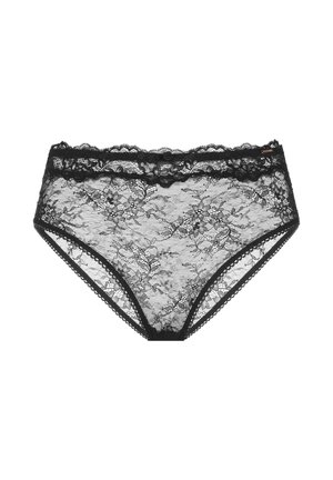 Bragas de encaje negro con patrón floral, bordes con volantes y una banda delicada. Textura transparente y acentos de costura detallada.
