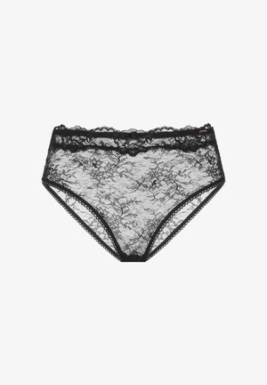 Černé krajkové kalhotky s květinovým vzorem, se střihanými okraji a jemným páskem. Průhledná textura a detailní švy.
