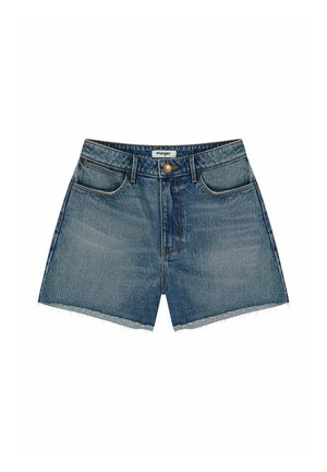 Farkkushortsit keskipestyn sinisenä, joissa on korkea vyötärö, repaleinen helma ja kaksi etutaskua. Tavanomainen nappi- ja vetoketjukiinnitys.