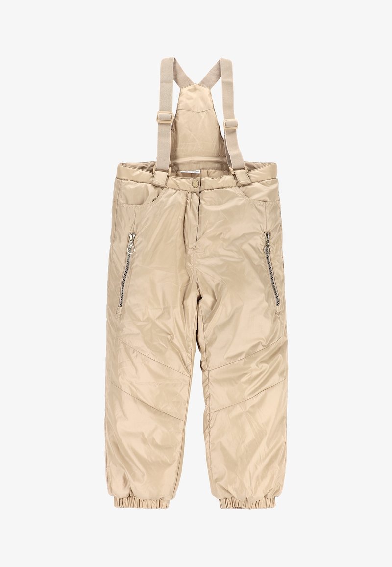 Beige gevoerde sneeuwbroek met verstelbare bretels, zakken met rits aan de voorkant, elastische manchetten en knoopsluiting in de taille.