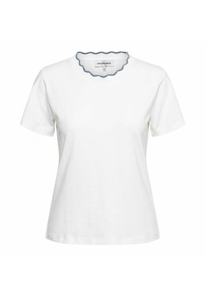 Witte katoenen t-shirt met korte mouwen en een geschulpte blauwe halslijn, met een relaxte pasvorm en een gladde textuur.