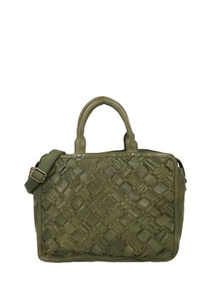 Grüne Ledertasche mit gewebter Struktur vorne, zwei kurzen Griffen und einem verstellbaren Schulterriemen mit Schnalle.