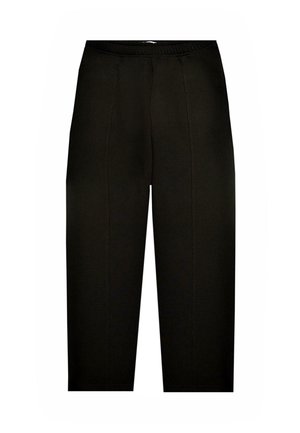 Zwarte, middelhoge broek met een elastische tailleband. Kenmerkt zich door twee voornaadstiksel voor een ontwerpdetail. Gemaakt van een zachte, rekbare stof.