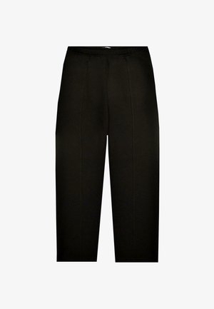 Sorte, mellemhøje bukser med elastisk talje. Har to forreste sømme for designdetalje. Fremstillet i et blødt, strækbart stof.