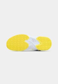White athletic shoe sole with a herringbone tread pattern; yellow rubber accents and textured details for grip.