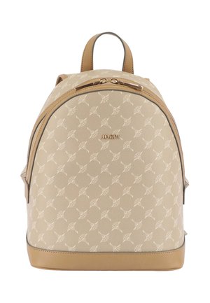 Beige backpack with a textured pattern of interwoven designs, accented by a smooth tan base and zip closure. Features dual shoulder straps.