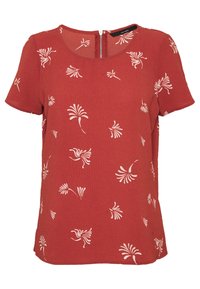 Blusa rossa a maniche corte con motivi floreali bianchi, scollatura rotonda e zip sul retro. Realizzata in tessuto testurizzato.