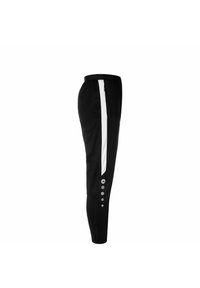 Pantalons de sport noirs avec une bande verticale blanche, taille élastique, poche zippée et accents en boutons sur le bas de la jambe.