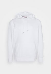 White hooded sweatshirt made of soft fabric, featuring a kangaroo pocket, drawstrings, and ribbed cuffs and hem. Simple and unembellished design.