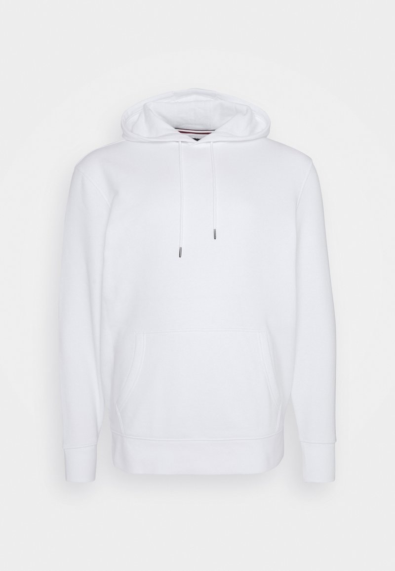 White hooded sweatshirt made of soft fabric, featuring a kangaroo pocket, drawstrings, and ribbed cuffs and hem. Simple and unembellished design.