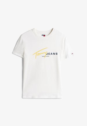 Tricou alb din bumbac cu un imprimeu grafic galben și bleumarin cu textul "Tommy JEANS NEW YORK" pe partea din față. Mâneci scurte și guler rotund.