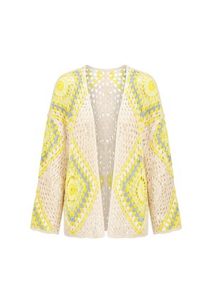 Hæklet cardigan med åben front og lange ærmer med creme, gul og grå cirkulære og diamantmønstre.
