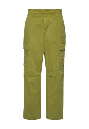 Pantaloni cargo realizzati in cotone leggero, color verde oliva, con due tasche laterali e una vestibilità rilassata. Presentano sezioni rinforzate sulle ginocchia.