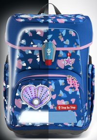 Blue backpack with heart patterns in pink and purple. Features shell and starfish appliqués, zippers, and a central fastening clip.