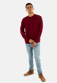 Mann, der vor einem weißen Hintergrund steht, mit einem burgunderfarbenen Pullover, hellblauen Jeans und braunen Freizeitschuhen, die Hände vor sich gefaltet.