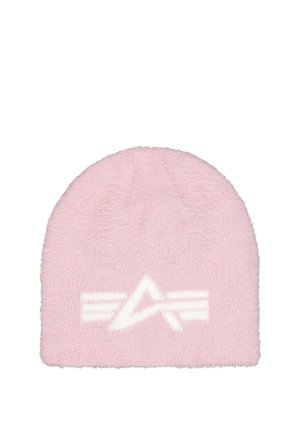 Gorro suave y peludo de color rosa con un logo blanco estilizado de "A" y líneas horizontales en el centro frontal.