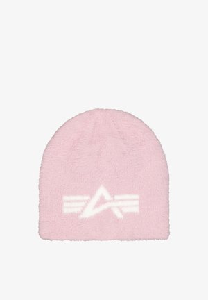 Weicher rosa flauschiger Beanie mit weißem stilisierten "A" und horizontalen Linien Logo in der Mitte vorne.