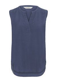 Ärmelloses navy-blaues Oberteil mit einem Ausschnitt, weichem Stoff, geradem Schnitt, abgerundetem Saum und seitlichen Schlitzen für einen besseren Bewegungsspielraum.