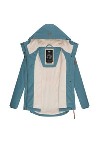 Veste bleu clair imperméable avec une doublure douce crème. Comprend une capuche, des boutons-pression et une étiquette à motif floral à l'intérieur.