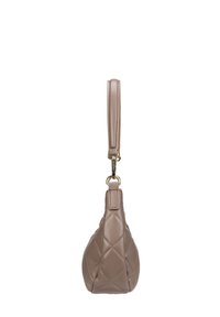 Pussitettu käsilaukku vaaleassa taupe-nahassa, pyöristetty muoto, jossa on lyhyt olkahihna ja kultasävyiset metalliosat.