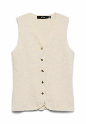 Veste en tricot sans manches de couleur crème avec col en V et cinq boutons marron sur le devant.