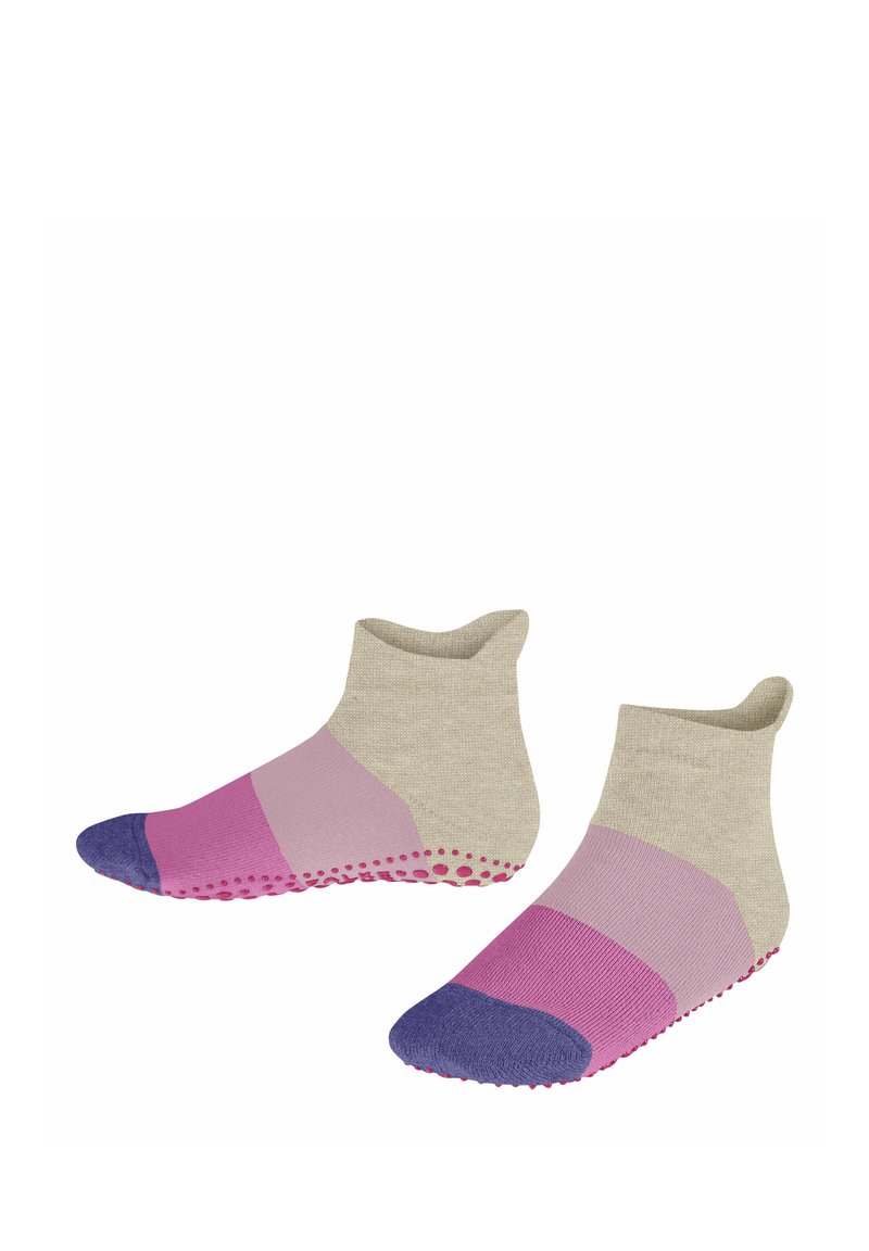 Skarpetki za kostkę w beżowej bazie z segmentami różowymi i fioletowymi oraz teksturowaną podeszwą dla lepszej przyczepności.