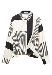 Chemise boutonnée crème et noire avec des motifs géométriques linéaires. Présente un design torsadé à l'avant et des manches longues avec poignets à boutons.