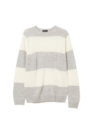 Maglione a girocollo lavorato a maglia in crema e grigio chiaro con righe orizzontali. Presenta polsini e orlo a costine con un tessuto morbido e strutturato.