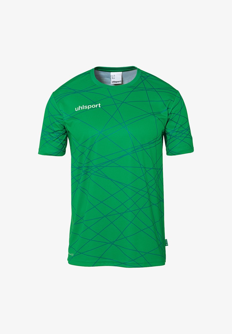 Grøn kortærmet sportstrøje med et geometrisk blåt mønster og rund hals. Fremstillet af letvægts, åndbart materiale. Brandlogo vist.