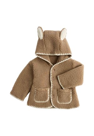 Brun fleece babyjakke med hætte med dyreører, forreste knapper, to lommer og hvid kant langs kanter og ærmegab.