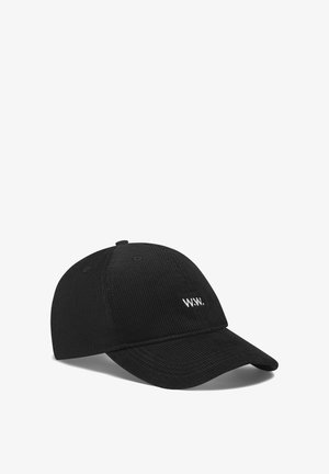 Gorra de corduroy negra con visera curva, logotipo bordado en blanco "WWW." en la parte frontal y diseño de panel estructurado.