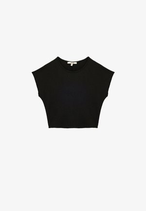 Zwarte crop top van een textuurstof, met brede mouwopeningen en een ronde halslijn. Eenvoudig ontwerp zonder patronen of versieringen.
