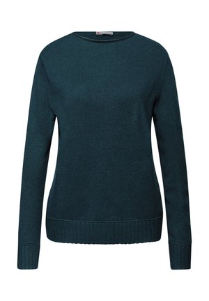 Türkiser Strickpullover mit Rundhalsausschnitt, langen Ärmeln und gerippten Bündchen sowie Saum. Gleichmäßige Textur mit leichtem Glanz.