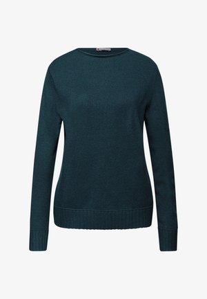 Maglione lavorato a maglia color teal con collo rotondo, maniche lunghe e polsini e orlo a coste. Tessuto uniforme con una leggera lucentezza.