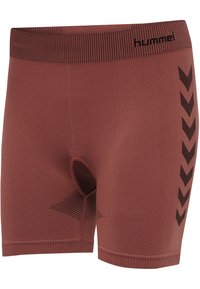 Rust-colored seamless athletic shorts with black chevron stripes on the side and a black "hummel" logo on the waistband.