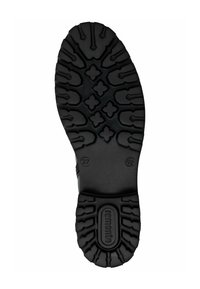 Semelle de chaussure en caoutchouc noir avec un motif de texture comportant des formes asymétriques et des rainures pour l'adhérence. Les marquages incluent la taille 37.
