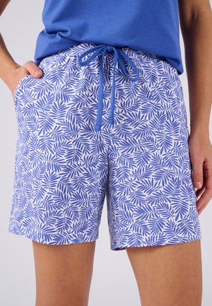 Pantalones cortos azules y blancos con un patrón de hojas, cintura con cordón, bolsillos laterales y una textura de tela suave.