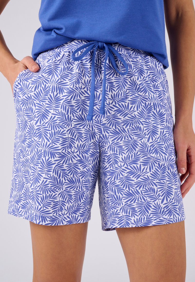 Blauwe en witte shorts met een bladenpatroon, met trekkoord in de taille, zijzakken en een zachte stoftextuur.