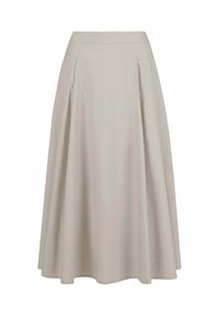 Licht beige rok met een hoge tailleband, voorzien van plooien voor een vloeiende uitstraling. Gemaakt van zacht materiaal, heeft het een gladde textuur en een uitlopende vorm.