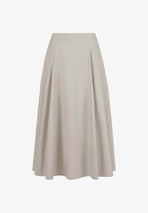 Helle beige Rock mit hohem Bund, versehen mit Falten für ein fließendes Design. Aus weichem Stoff gefertigt, hat er eine glatte Textur und eine schwingende Form.