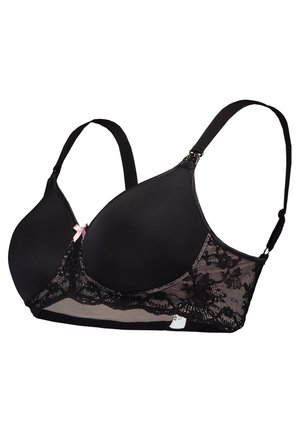 Zwarte beha met gladde, padded cups en ingewikkelde kantafwerking. Verstelbare bandjes met een klein roze strikje als accent. Zachte stof met een naadloos ontwerp.