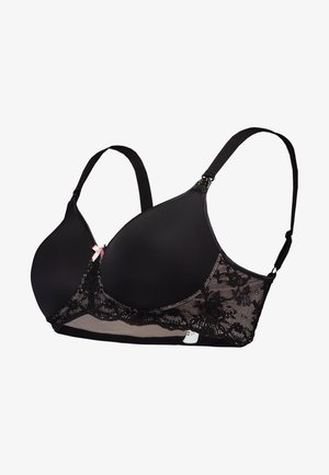 Schwarzer BH mit glatten, gepolsterten Schalen und aufwendiger Spitzenbordüre. Verstellbare Träger mit einem kleinen rosa Schleifenakzent. Weicher Stoff mit nahtlosem Design.