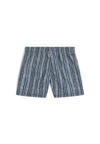 Costumi da bagno blu e bianchi con un elastico in vita. Strisce verticali e dettagli decorativi aggiungono texture al design.