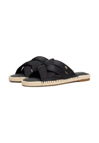 Sorte espadrillosandaler med vevde tekstilremmer, naturlig jute mellomsåle og flat gummisåle. Har detaljerte sømmer langs kanten.