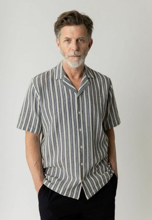 Mand midt i fyrrerne med gråt skæg iført en kortærmet, vertikalt striped knap-op skjorte og sorte bukser, hænderne i lommerne mod en ensfarvet baggrund.