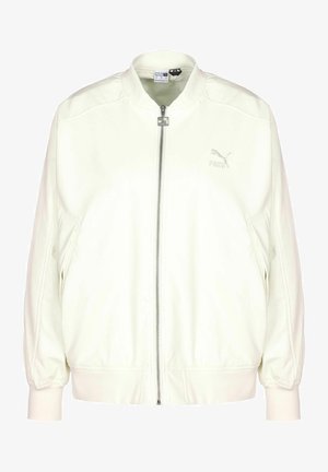 Creme bomberjakke med frontlynlås, ribbede manchetter og kant, samt et diskret logo på brystet. Blød tekstur og afslappet pasform.
