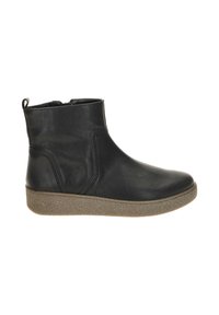 Zwarte leren enkellaars met een ronde neus, matte afwerking en een gestructureerde bruine zool. Beschikt over een zijrits en minimale stikselaccenten.