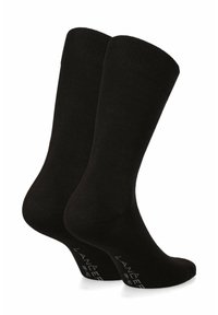 Czarne bawełniane skarpetki z żeberkowymi mankietami, o gładkiej fakturze i wzmocnionym palcem. Nazwa marki nadrukowana na dole na biało.