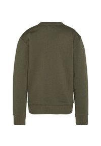 Felpa verde oliva con scollatura a girocollo, maniche lunghe e polsini a costine. Tessuto morbido, design casual e vestibilità comoda. Visualizzazione dal retro.
